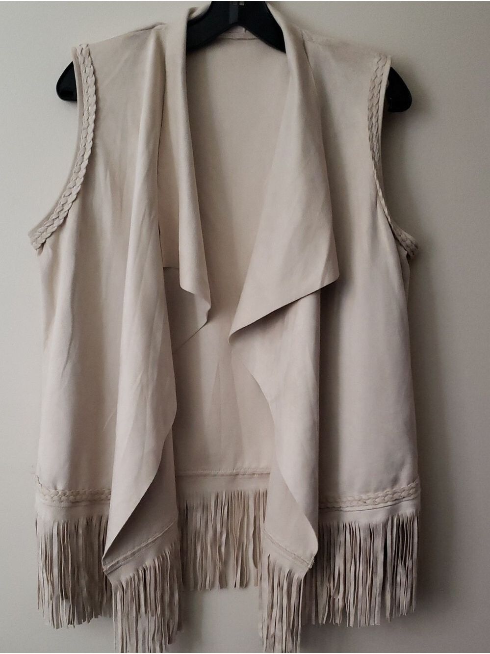 Light Beige Faux Suede Fringe Drape Vest - Women’s Sleeveless Coat